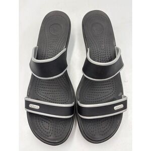 Crocs‎ Size 11 Shima Wedge Slide Sandals BLACK w/Silver Accents